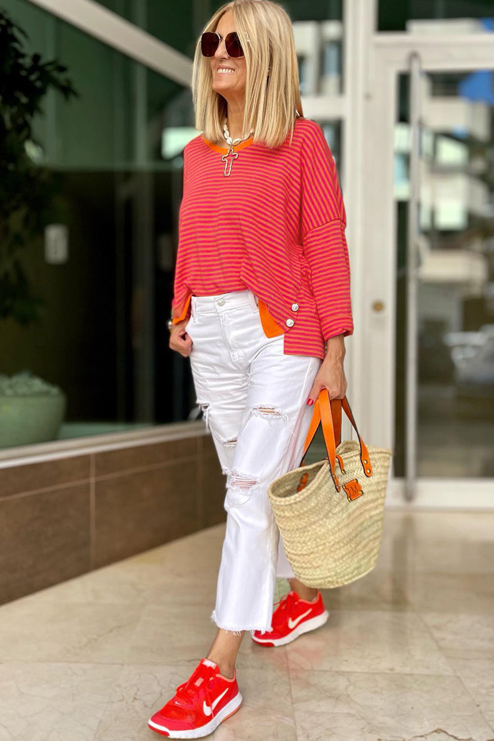 Tomato Red Two Tone Striped Side Buttons Drop Shoulder Top - Glimmer Road 