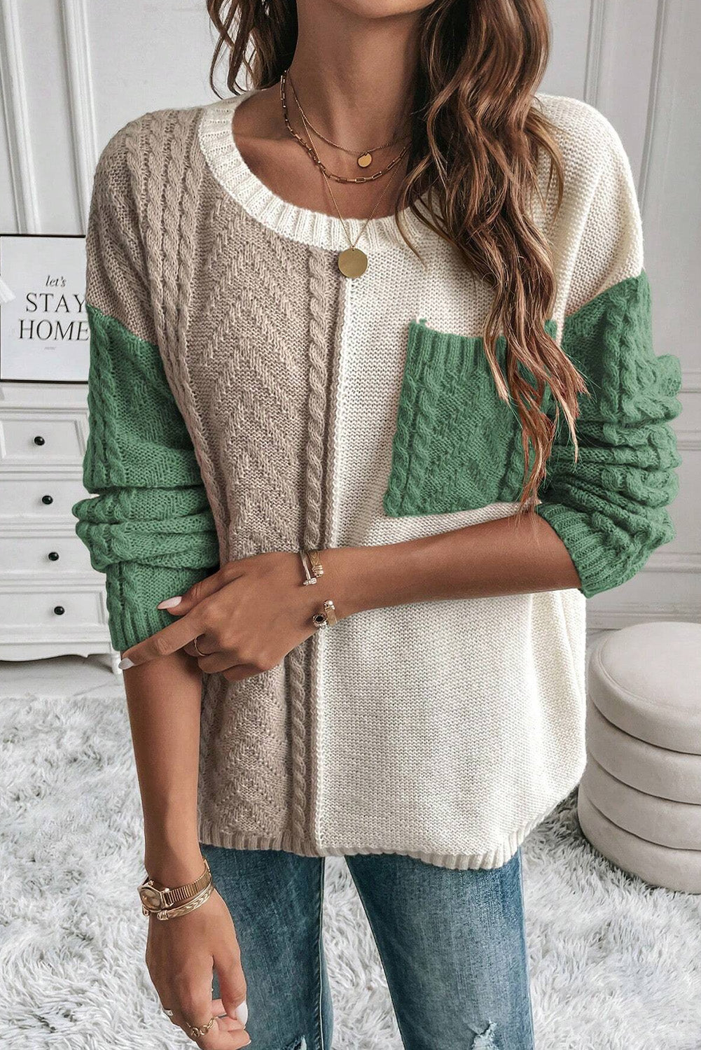 Vineyard Green Colorblock Patched Pocket Drop Shoulder Sweater - Glimmer Road 