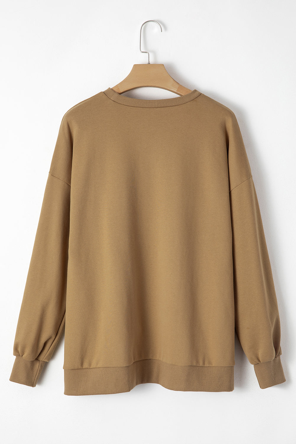 Brown Solid O Neck High Low Hem Pullover Sweatshirt