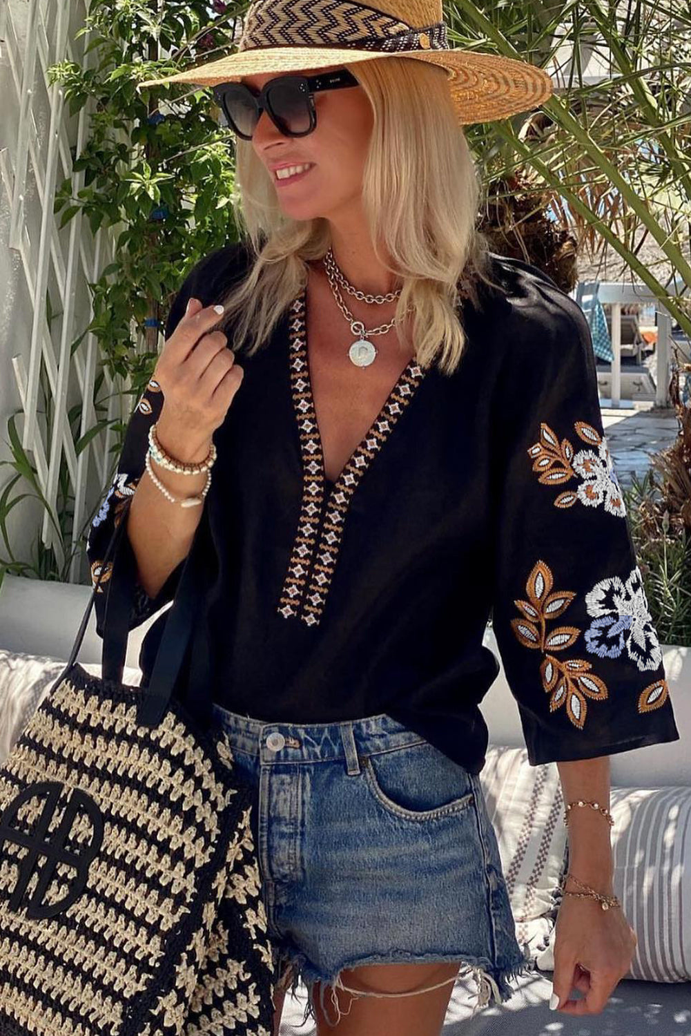 Black Bohemian Floral Embroidered V Neck Blouse - Glimmer Road 