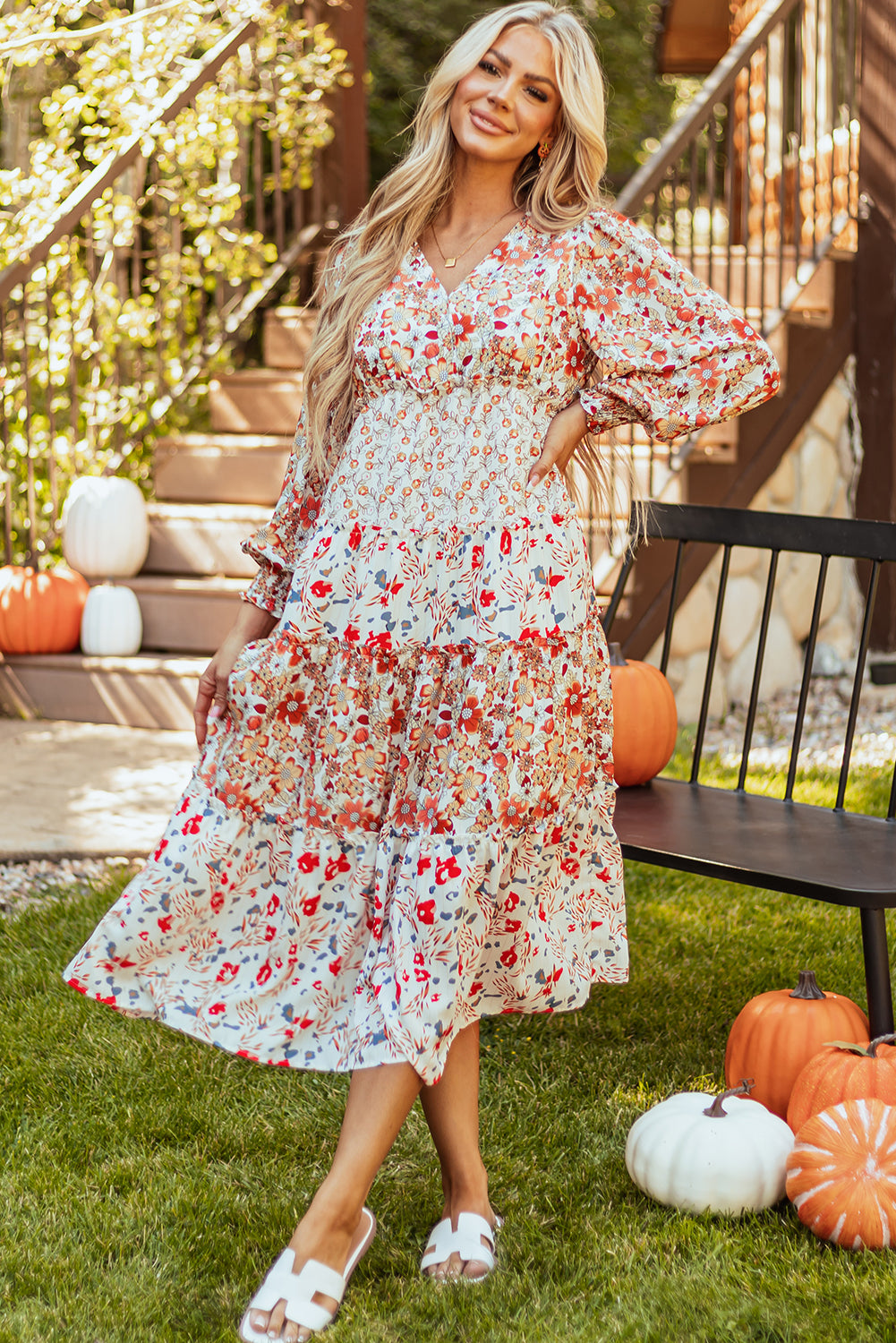 Khaki Floral Print Ruffled Tiered Long Sleeve V Neck Midi Dress - Glimmer Road 