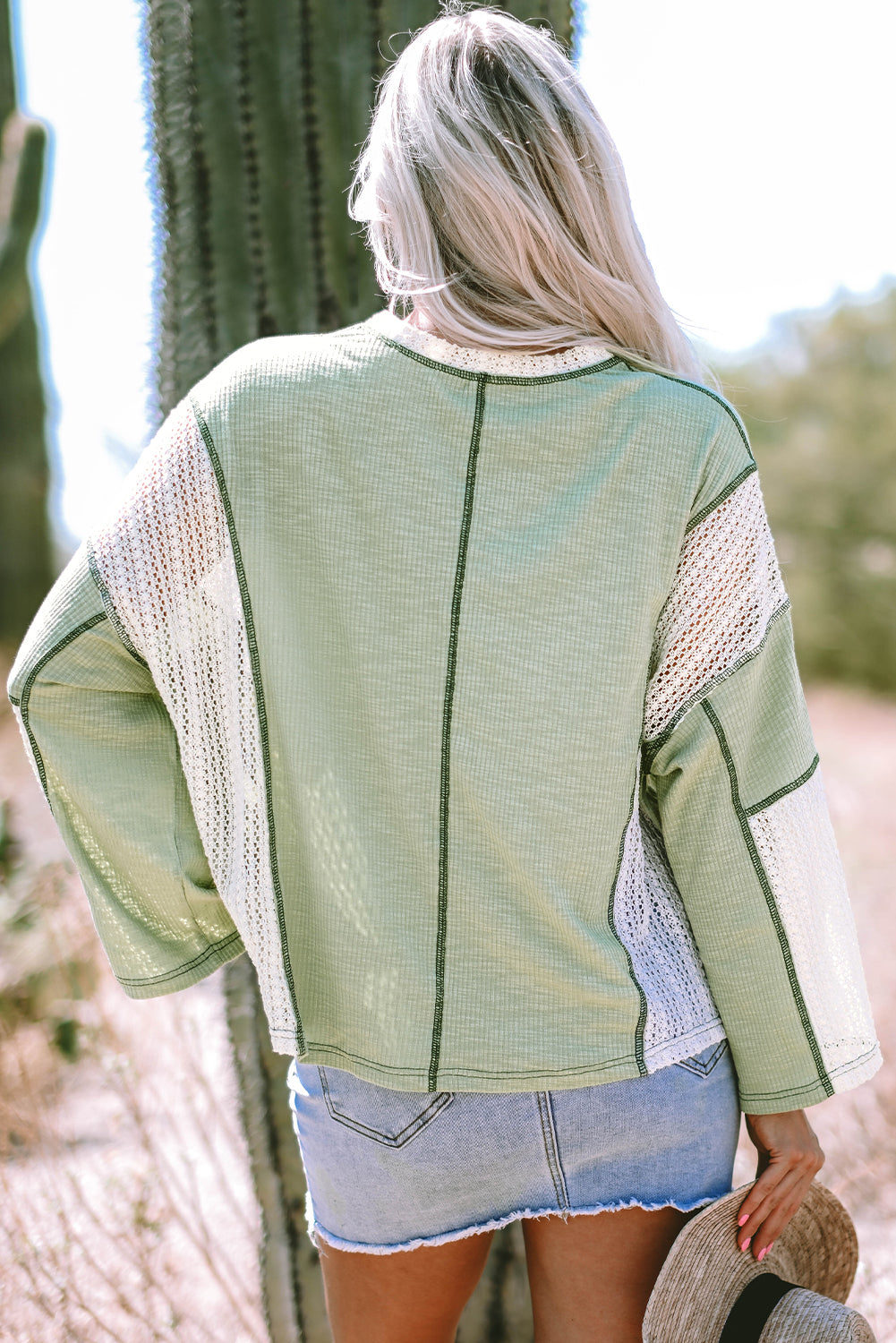 Grass Green Crochet Detail Exposed Seam High Low Loose Top - Glimmer Road 