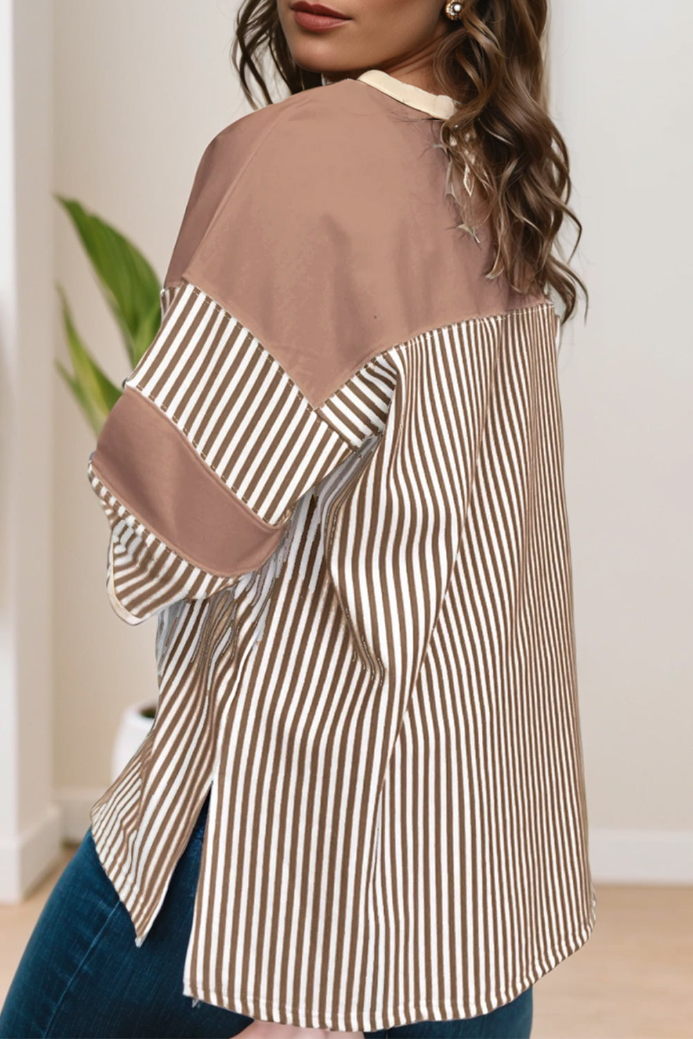 Khaki Stripe Patchwork Bracelet Sleeve Plus Size T Shirt - Glimmer Road 