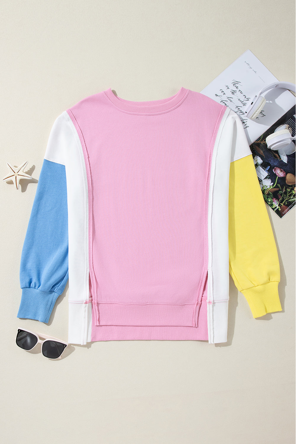 Bonbon Color Block Exposed Seam Side Slits Crewneck Sweatshirt - Glimmer Road 