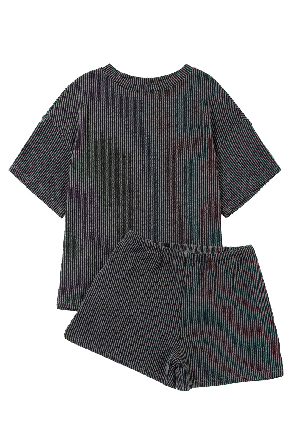 Carbon Grey Ribbed Textured Knit Loose Fit Tee and Shorts Set - Glimmer Road 