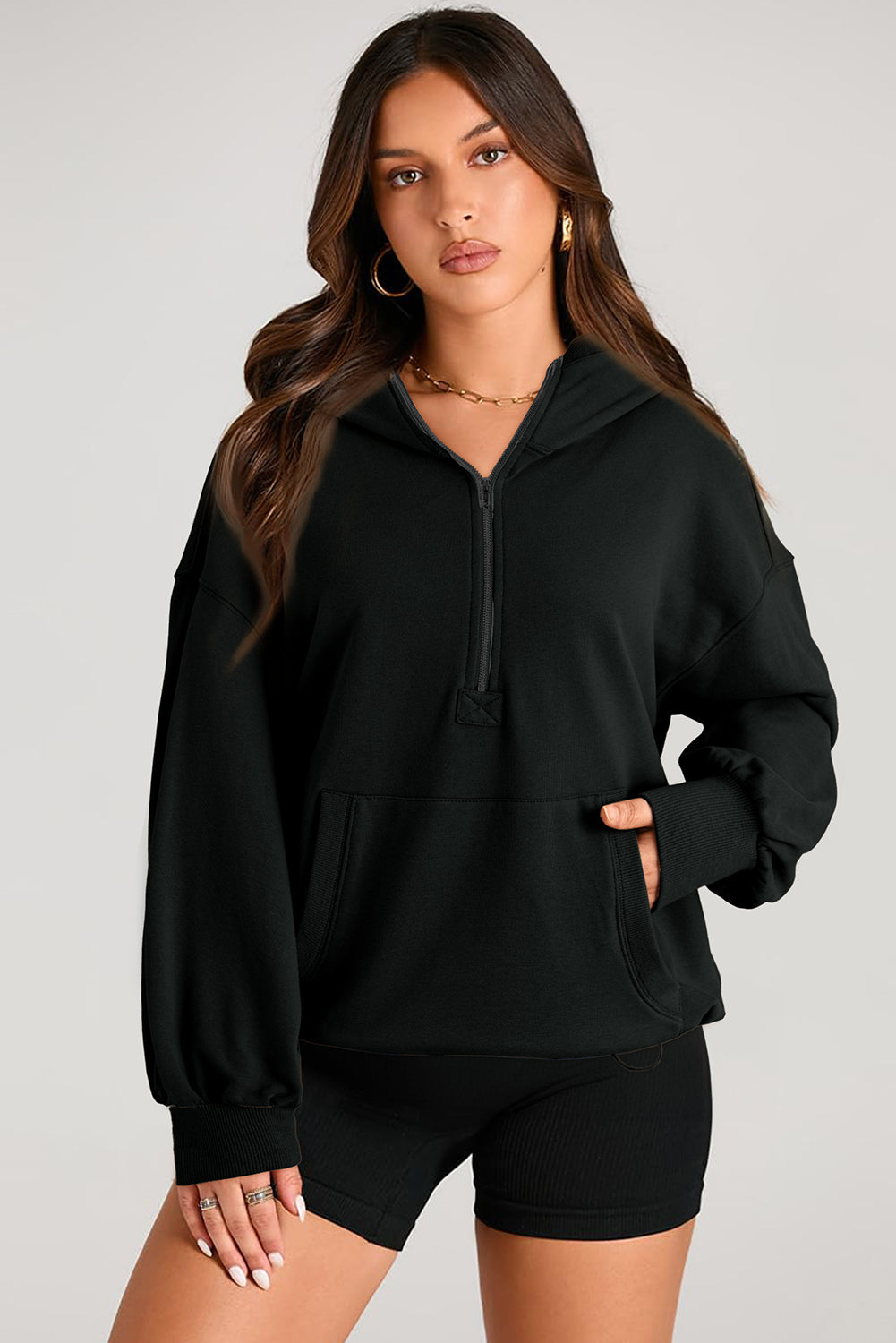 Light Grey Solid Kangaroo Pocket Half Zipper Oversized Hoodie - Glimmer Road 