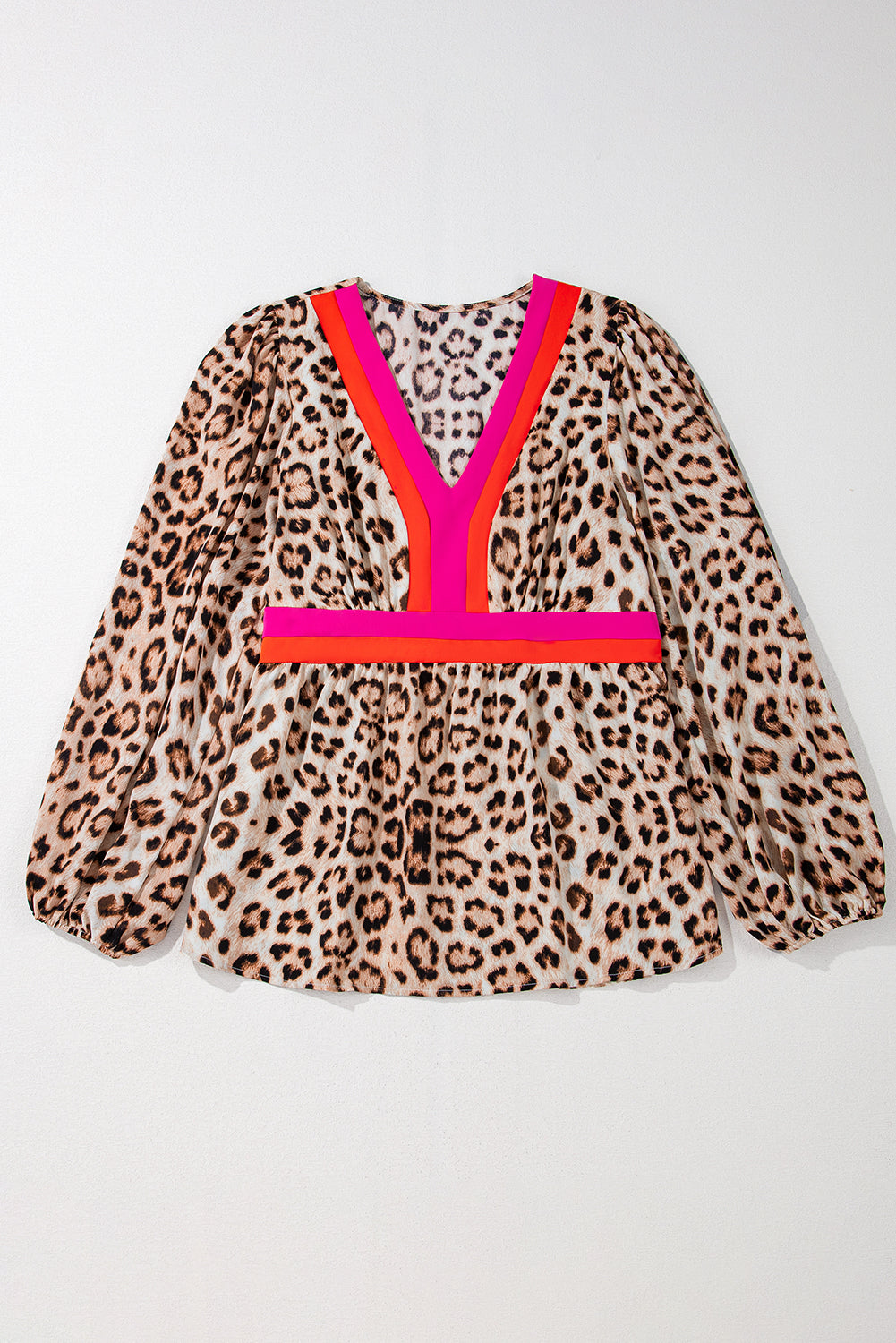 Khaki Cheetah Color Block V Neck Balloon Sleeve Babydoll Blouse - Glimmer Road 