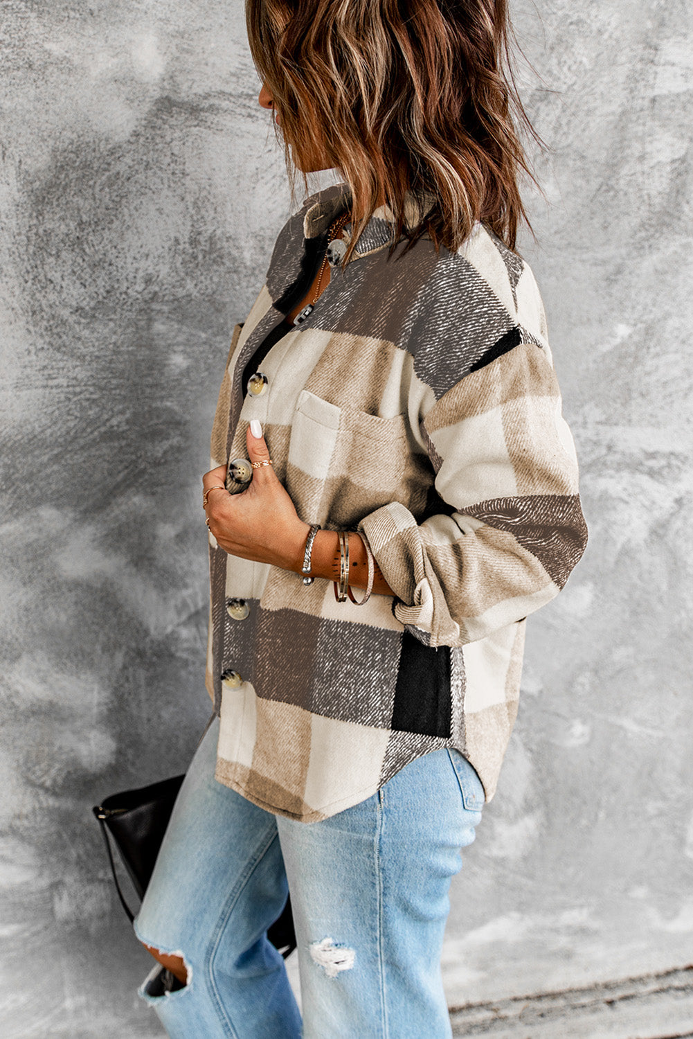 Khaki Plaid Color Block Buttoned Long Sleeve Jacket with Pocket - Glimmer Road 