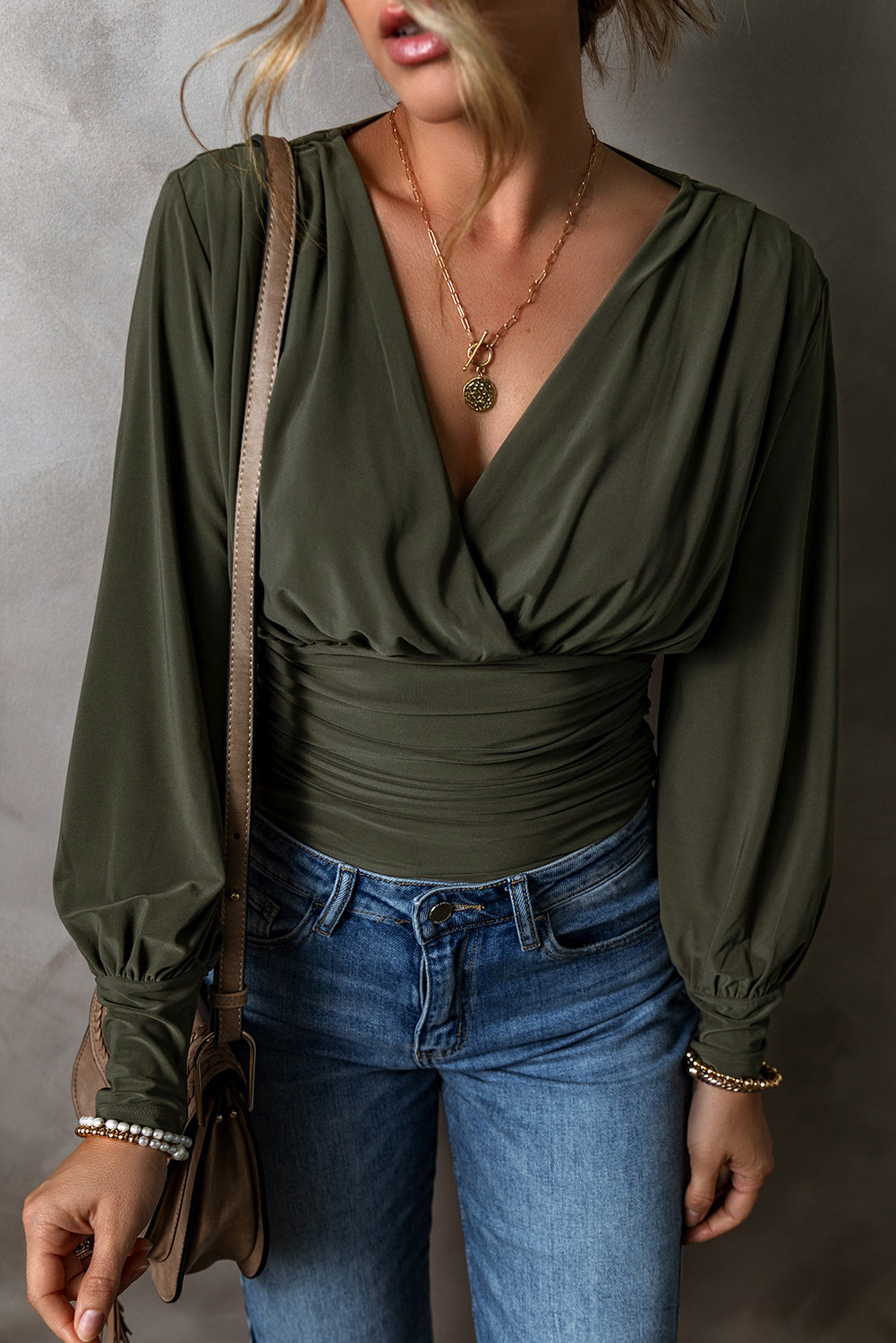 Moss Green Ruched Wrap V Neck Long Sleeve Bodysuit - Glimmer Road 