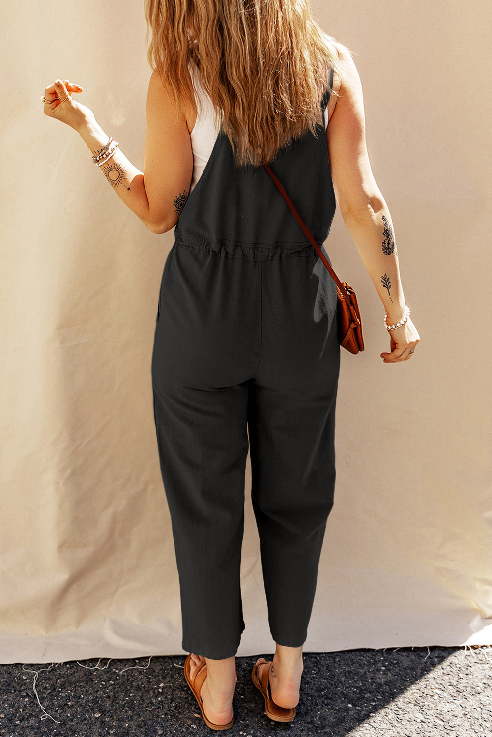 Black Drawstring Buttoned Straps Cropped Overall - Glimmer Road 