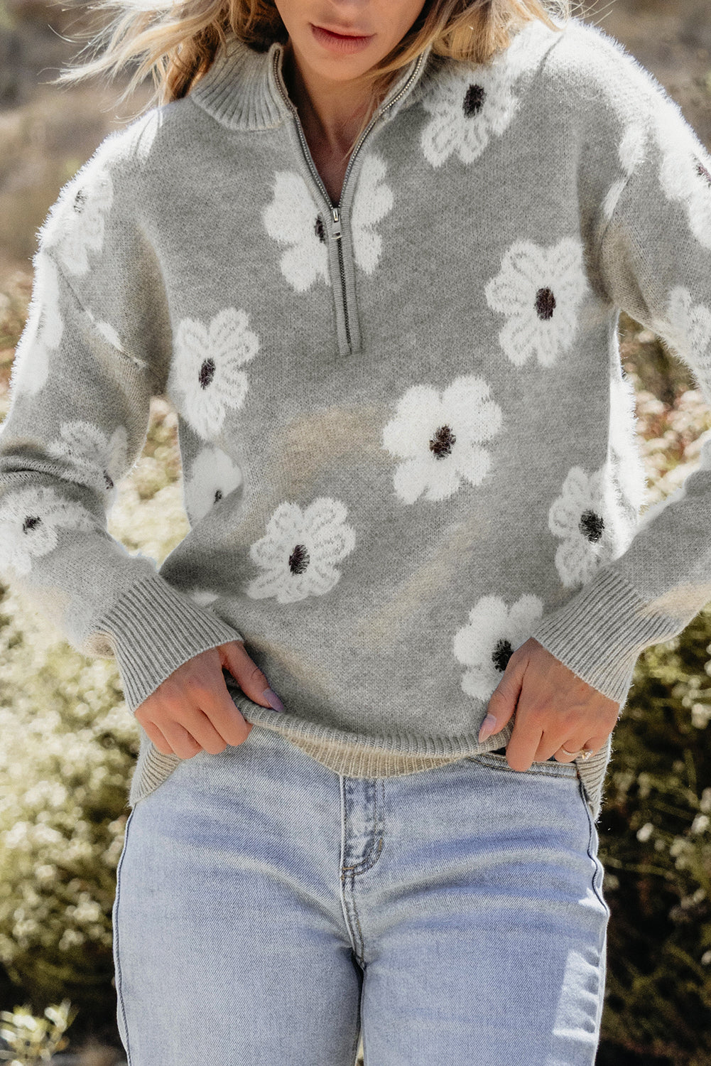 Gray Floral Pattern Half Zip Drop Shoulder Sweater - Glimmer Road 