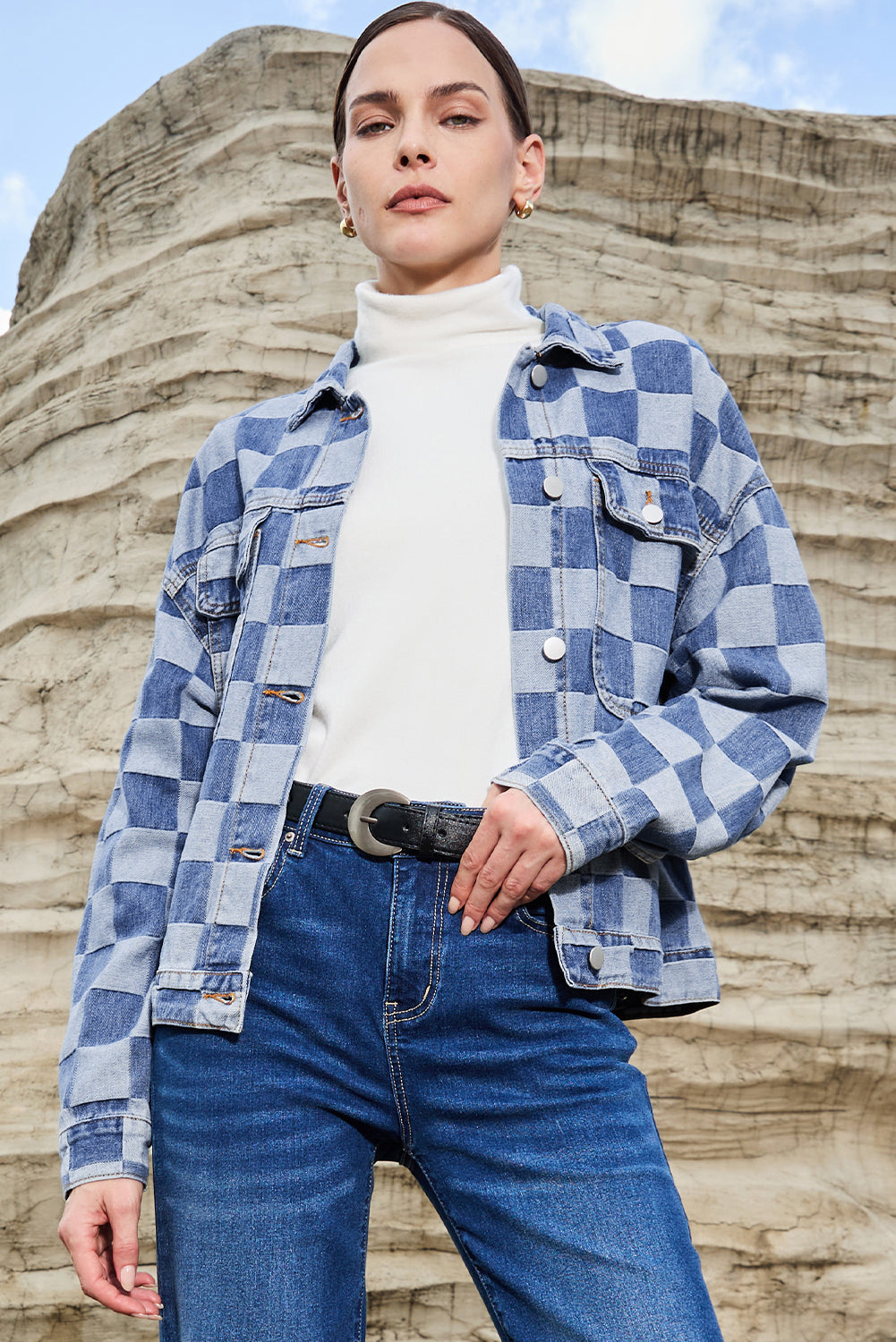 Light Blue Checkered Patchwork Button up Denim Jacket - Glimmer Road 