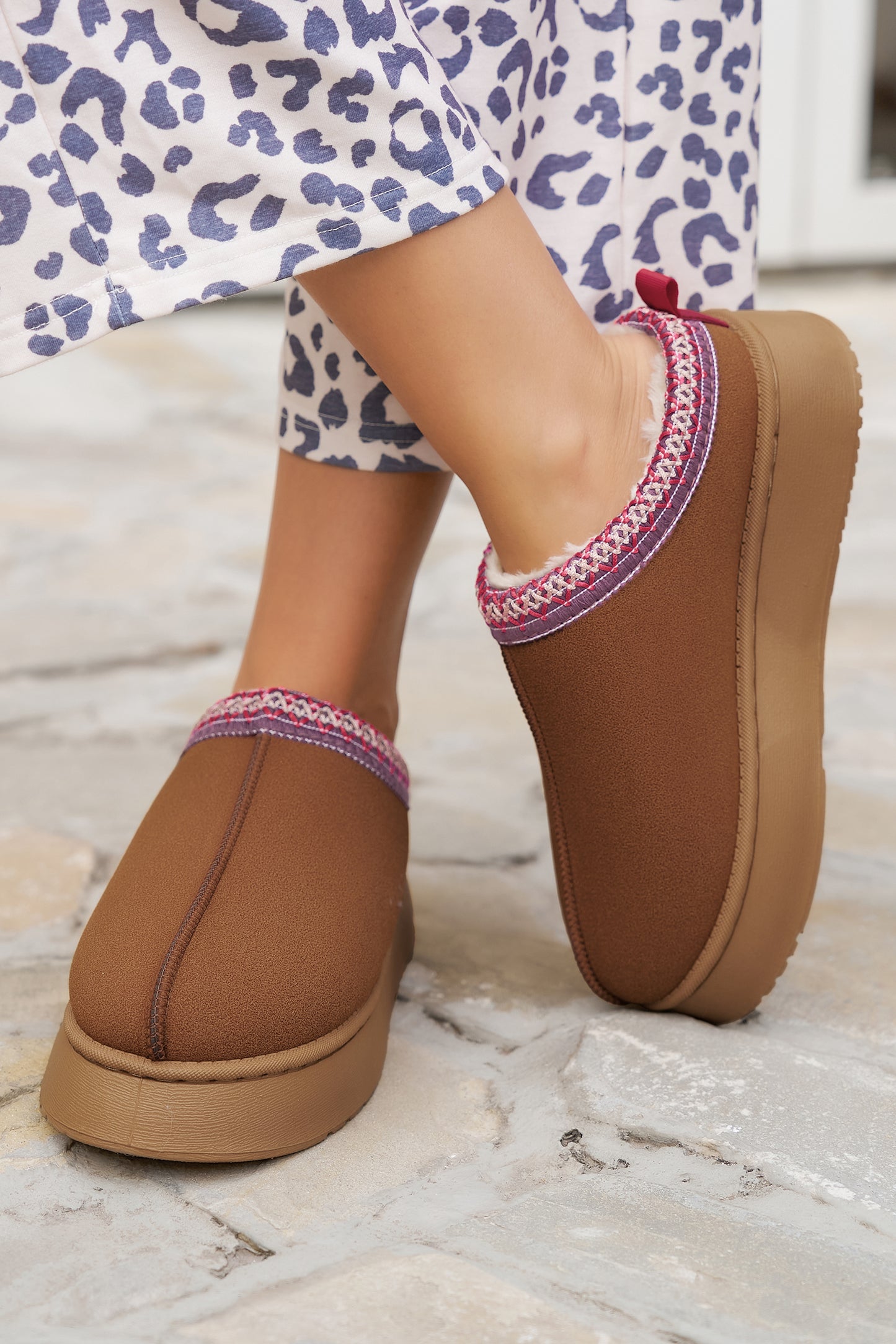Chestnut Contrast Print Suede Plush Lined Snow Boots - Glimmer Road 