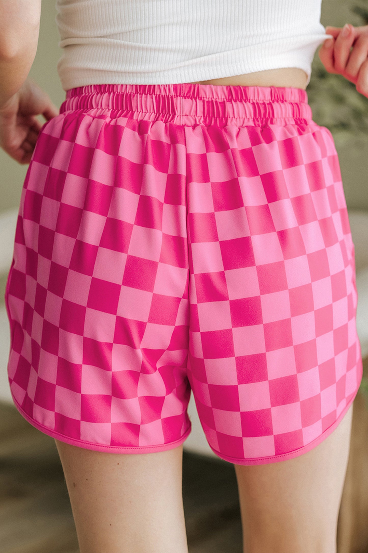 Rose Checkered Drawstring Elastic Waist Casual Shorts - Glimmer Road 