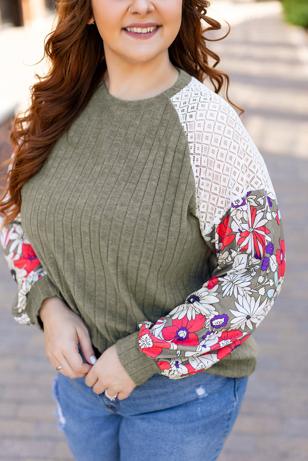 Vineyard Green Plus Size Textured Floral Patchwork Raglan Sleeve Blouse - Glimmer Road 