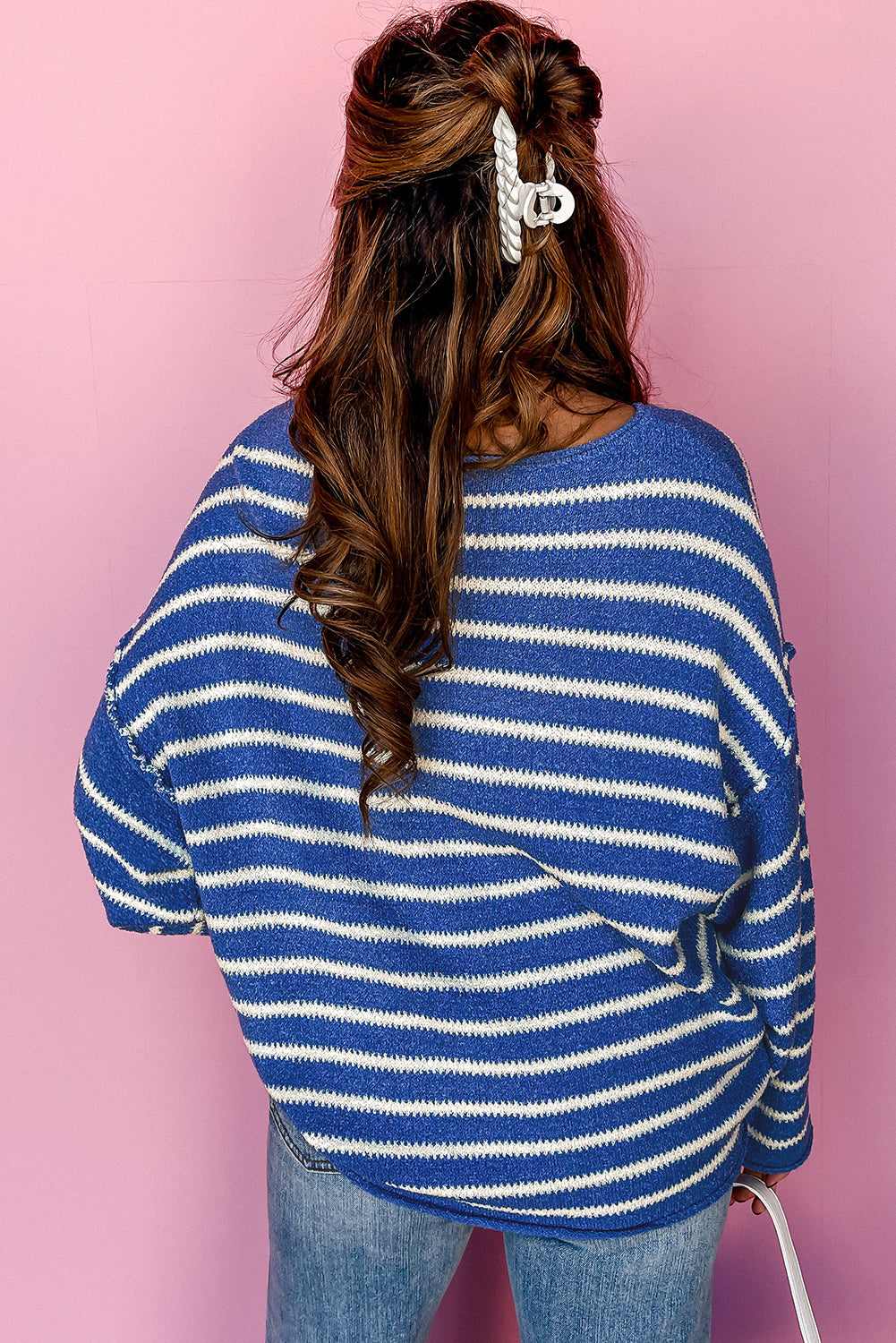 Sky Blue Stripe Drop Shoulder Casual Sweater - Glimmer Road 