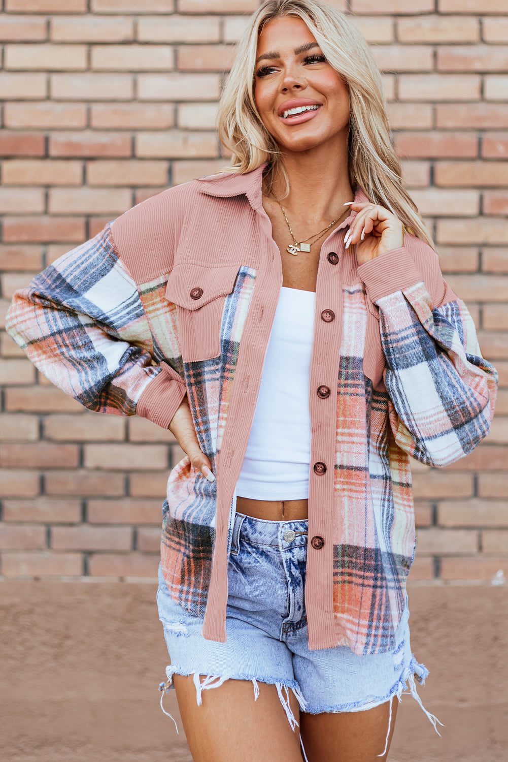 Light Pink Plaid Corduroy Patchwork Chest Pocket Shacket - Glimmer Road 