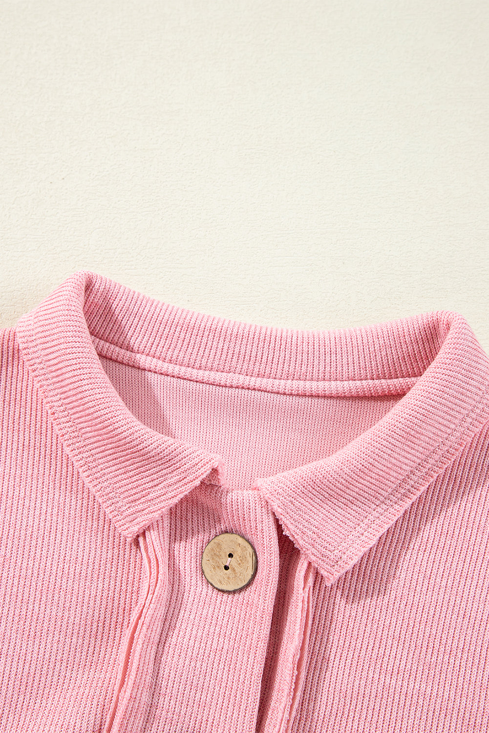 Pink Ribbed Knit Collared Henley Top with Chest Pocket