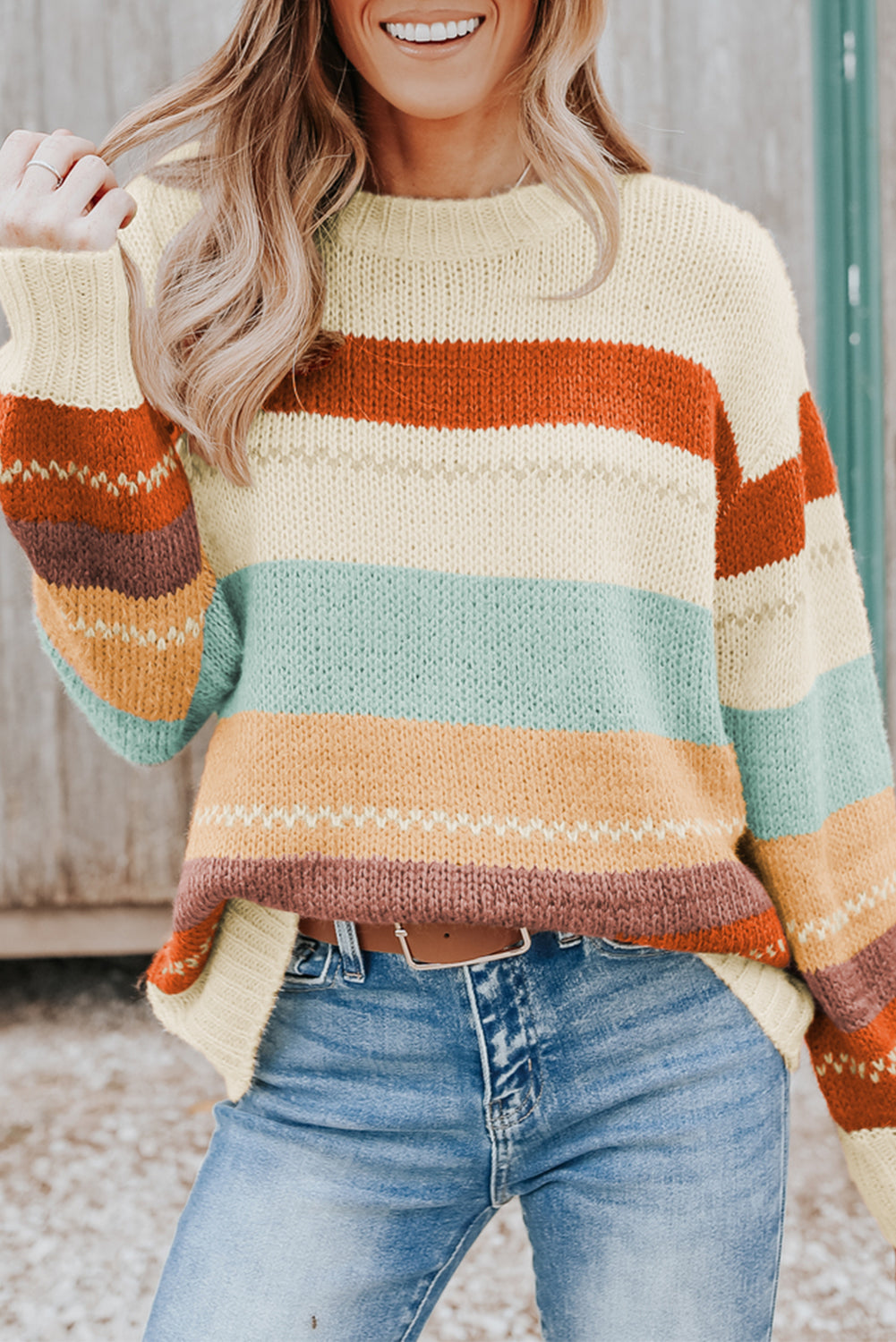 Crew Neck Drop-shoulder Striped Color Block Sweater - Glimmer Road 