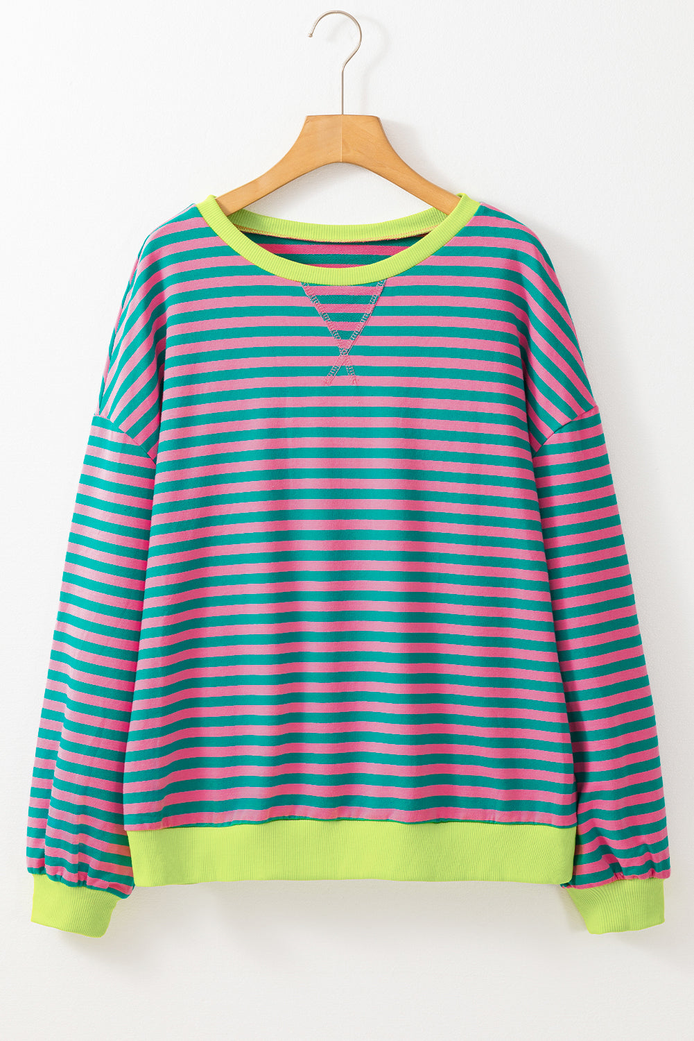 Green Stripe Oversized Contrast Trim Pullover Sweatshirt - Glimmer Road 