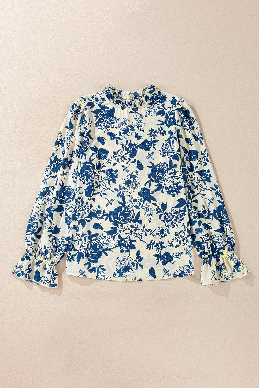 Sky Blue Floral Print Flounce Sleeve Keyhole Back Blouse - Glimmer Road 