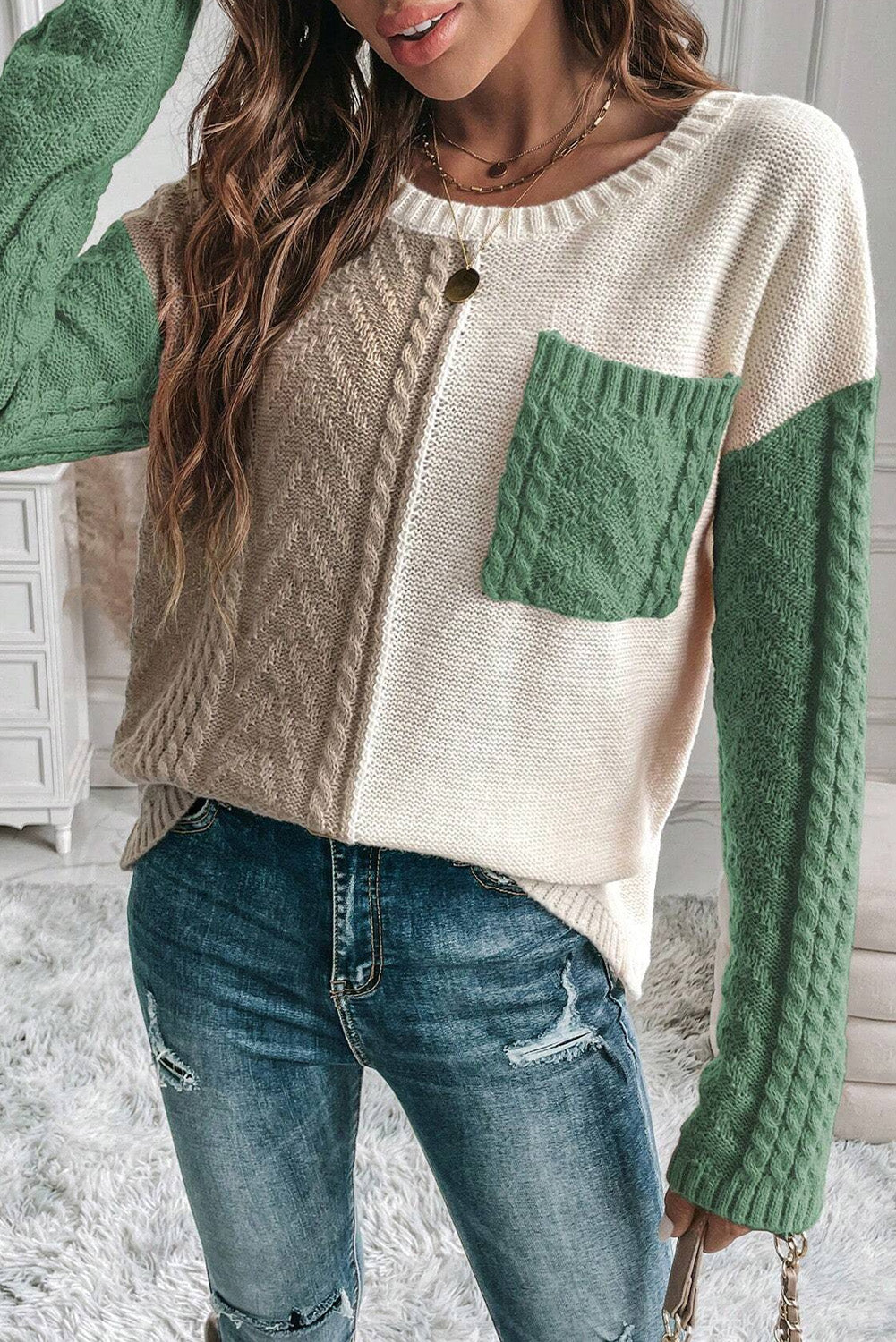 Vineyard Green Colorblock Patched Pocket Drop Shoulder Sweater - Glimmer Road 