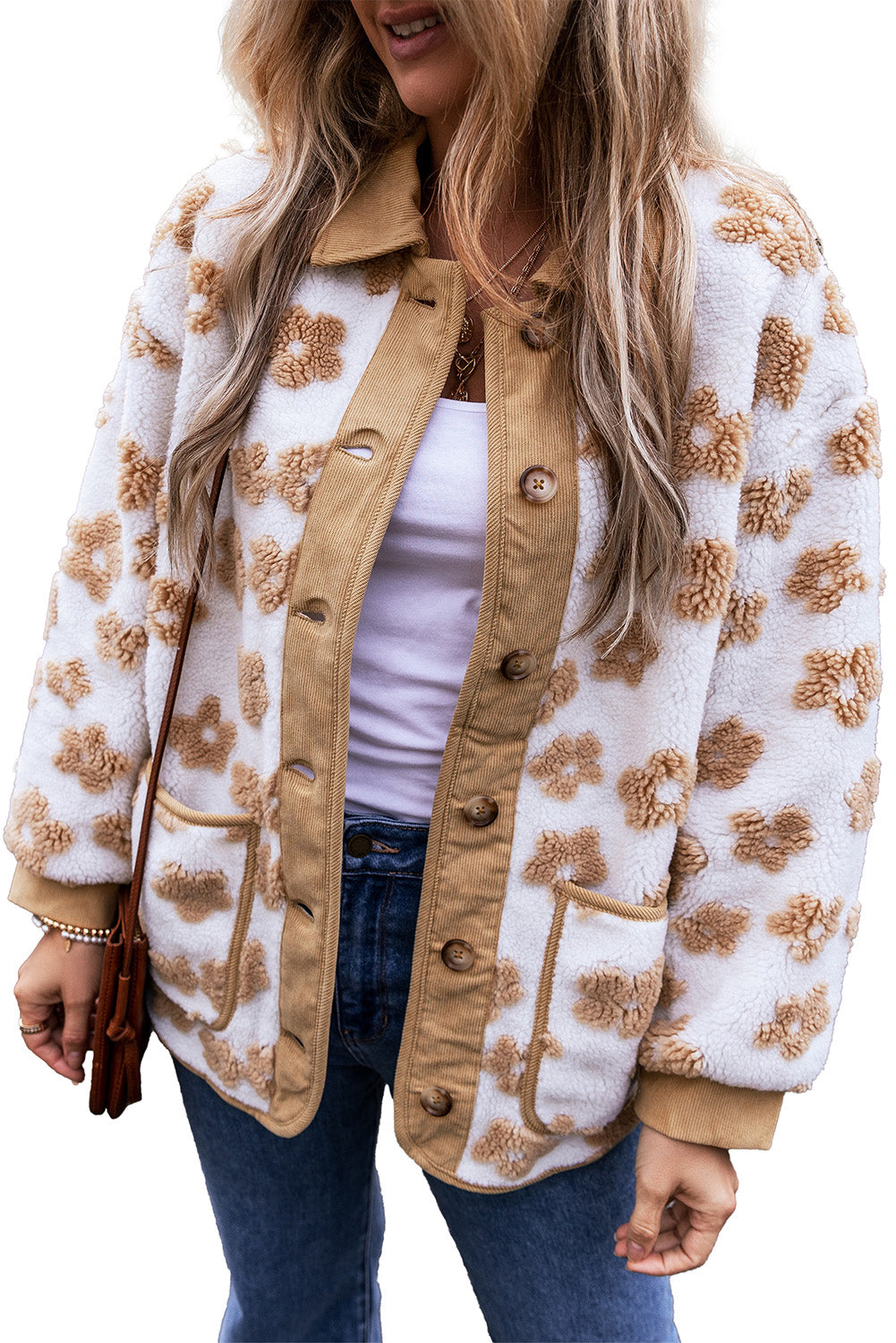 Light French Beige Cute Flower Pattern Button Up Fleece Jacket - Glimmer Road 