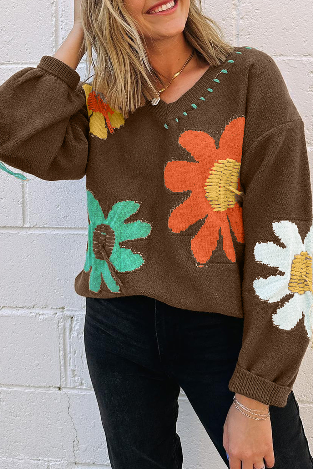 White Big Flower Pattern V Neck Drop Shoulder Sweater - Glimmer Road 