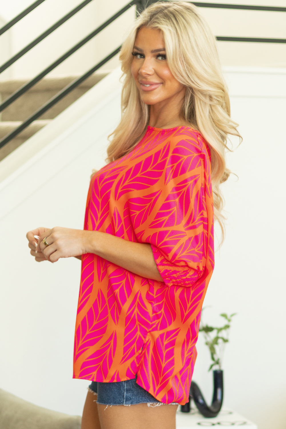 Rose Tropical Leaf Print Smocked Puff Sleeve Blouse - Glimmer Road 