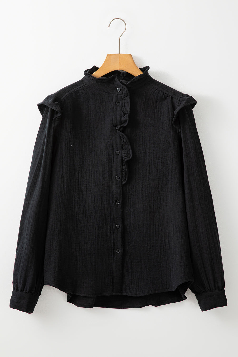 Black Textured Ruffled Trim Buttoned Loose Fit Shirt