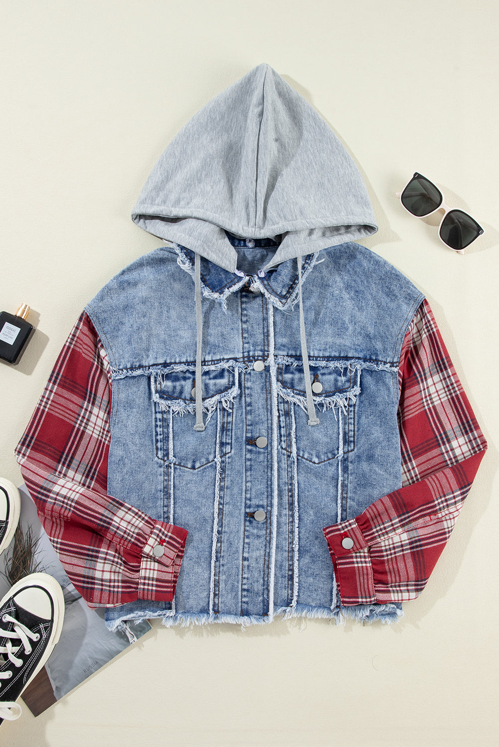 Beau Blue Plaid Print Patchwork Hooded Raw Hem Denim Jacket - Glimmer Road 