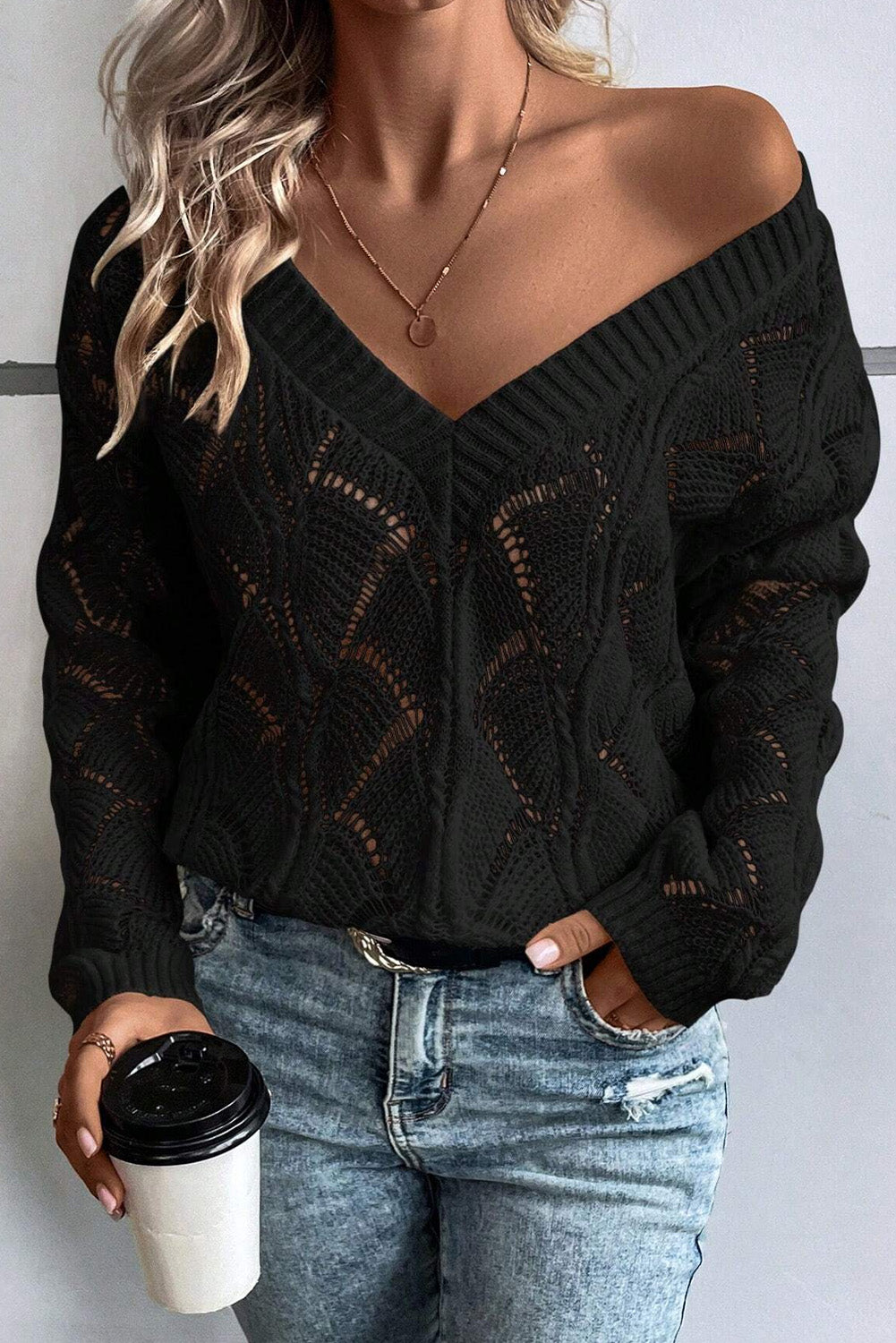Beige Hollow Out Knit V Neck Drop Shoulder Sweater - Glimmer Road 