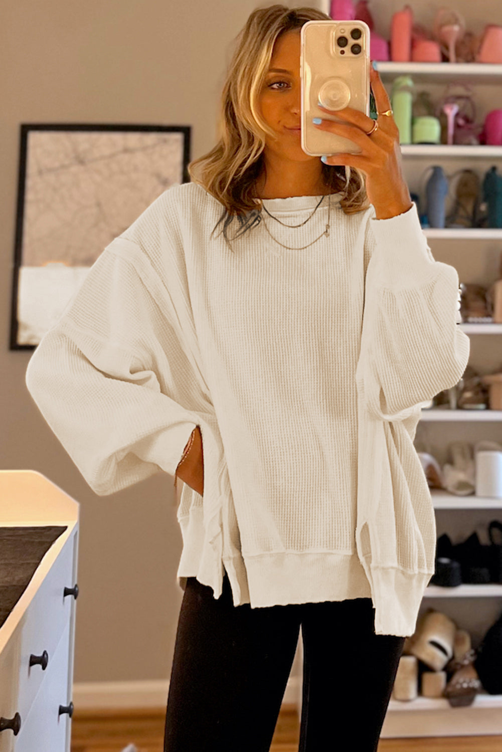 White Waffle Knit Bishop Sleeve Split Oversized Sweatshirt - Glimmer Road 