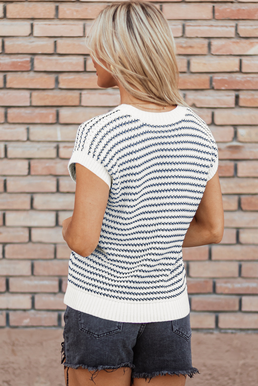 Blue Stripe Ribbed Trim Loose Fit Knitted Sweater Vest - Glimmer Road 