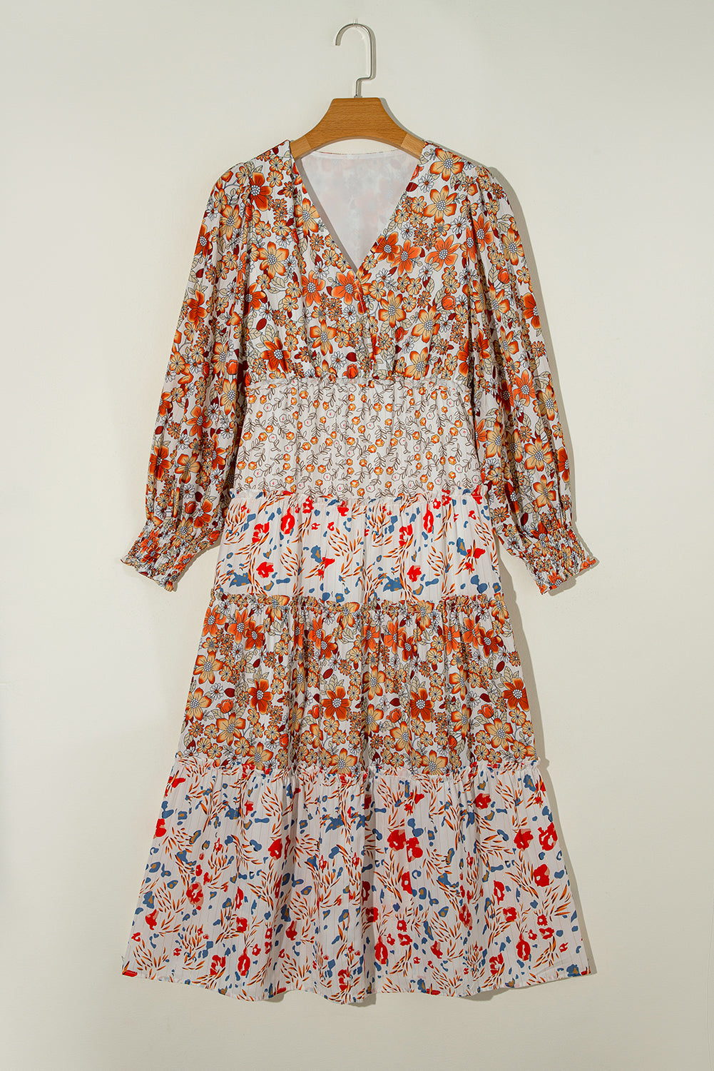 Khaki Floral Print Ruffled Tiered Long Sleeve V Neck Midi Dress - Glimmer Road 