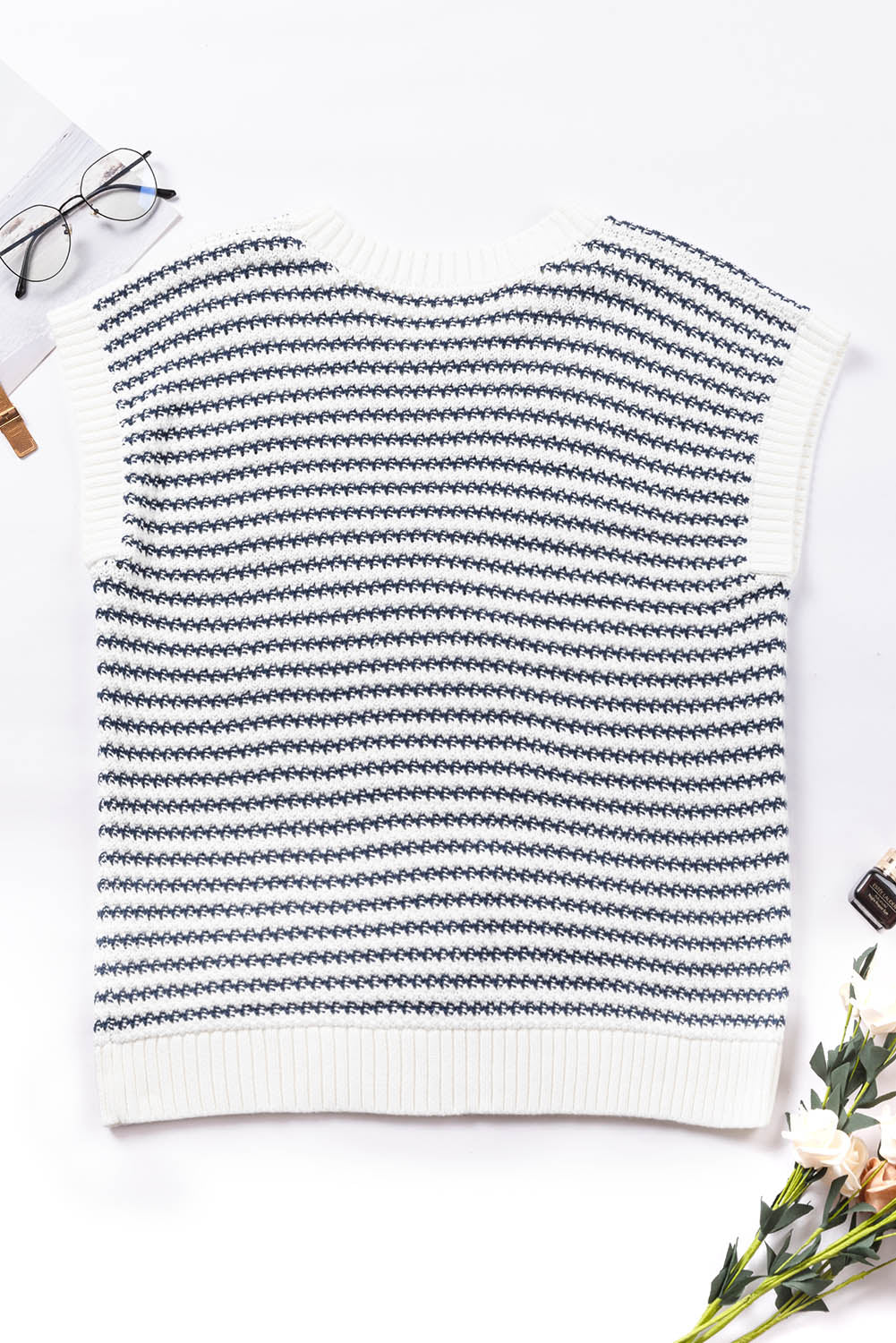 Blue Stripe Ribbed Trim Loose Fit Knitted Sweater Vest - Glimmer Road 