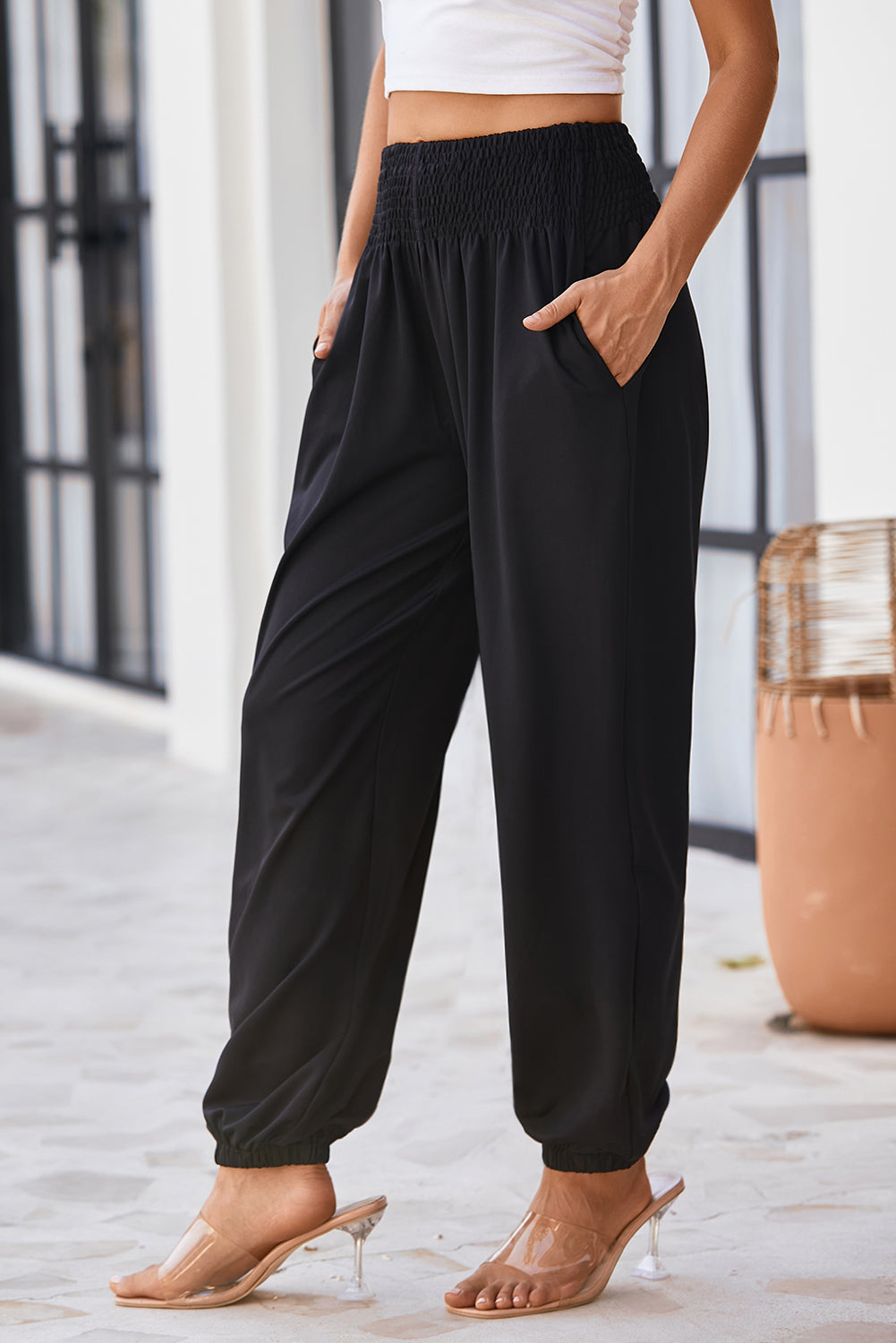 Black Smocked High Waist Joggers - Glimmer Road 