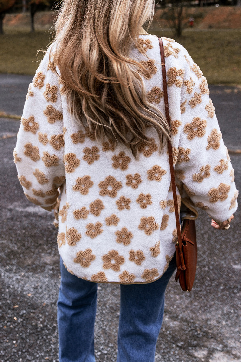 Light French Beige Cute Flower Pattern Button Up Fleece Jacket - Glimmer Road 
