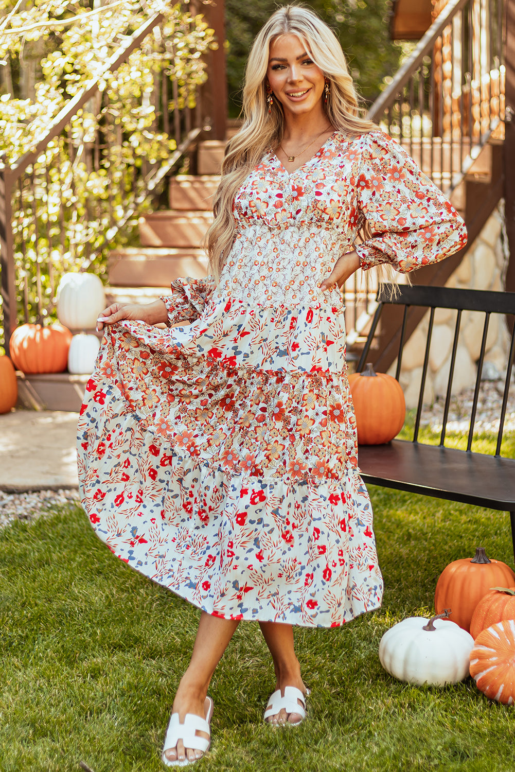 Khaki Floral Print Ruffled Tiered Long Sleeve V Neck Midi Dress - Glimmer Road 