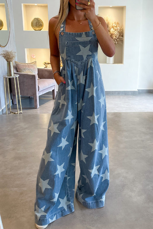 Star Print Buttoned Strap Pleat Wide Leg Denim Overall - Glimmer Road 