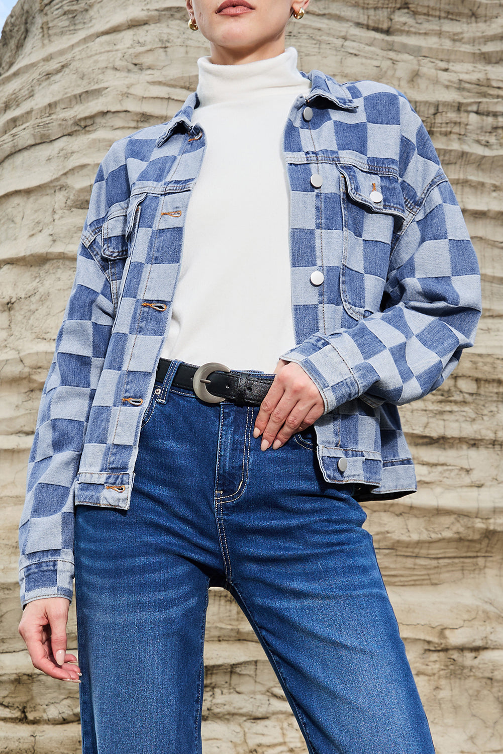 Light Blue Checkered Patchwork Button up Denim Jacket - Glimmer Road 