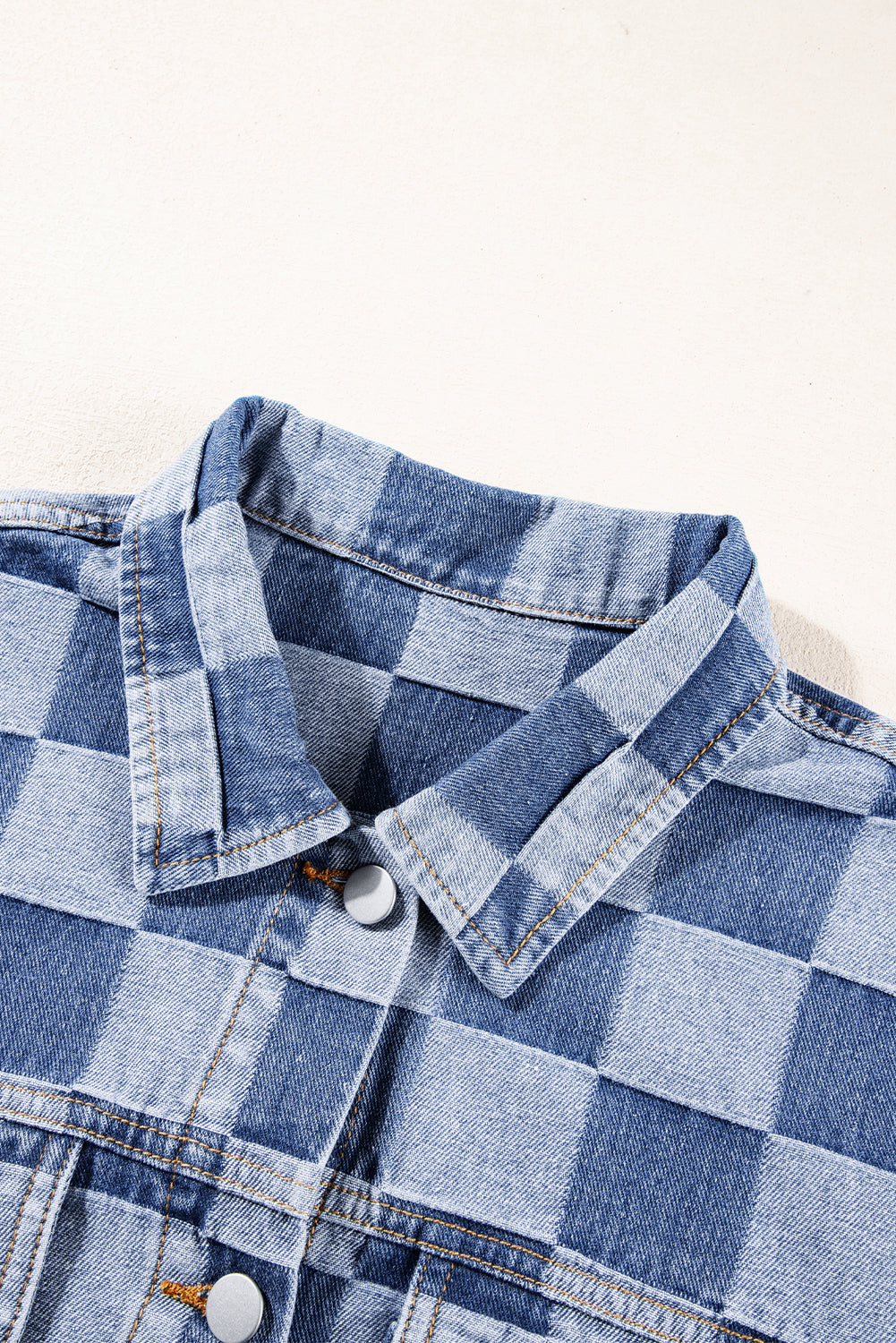 Light Blue Checkered Patchwork Button up Denim Jacket - Glimmer Road 