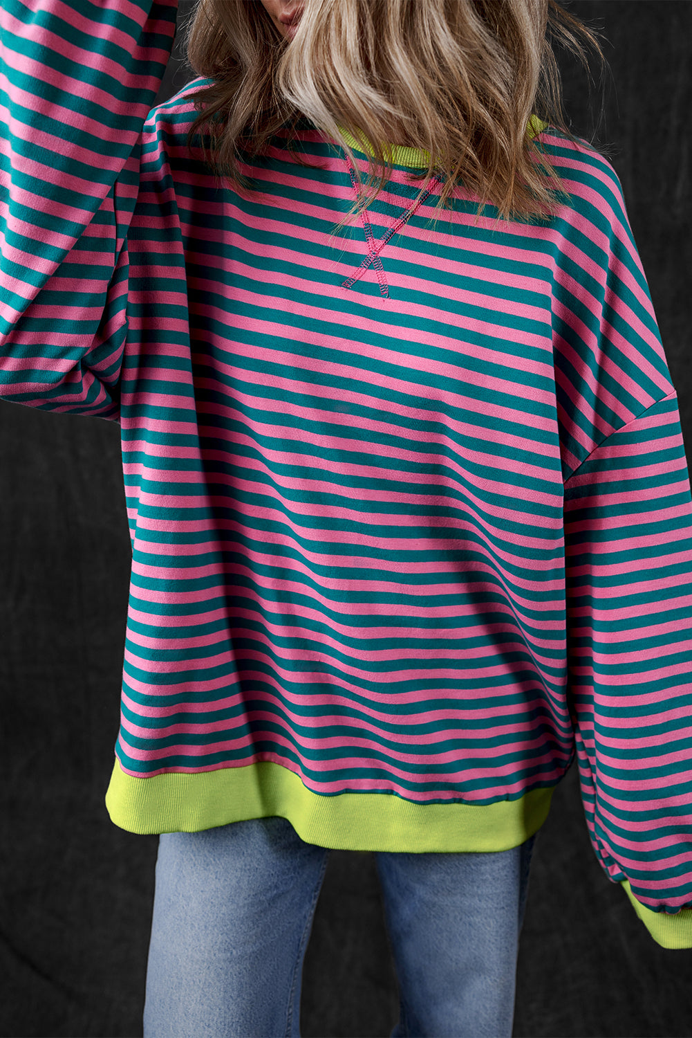 Green Stripe Oversized Contrast Trim Pullover Sweatshirt - Glimmer Road 