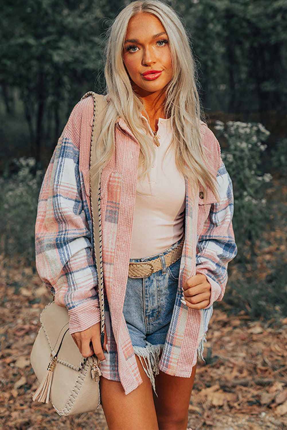 Light Pink Plaid Corduroy Patchwork Chest Pocket Shacket - Glimmer Road 