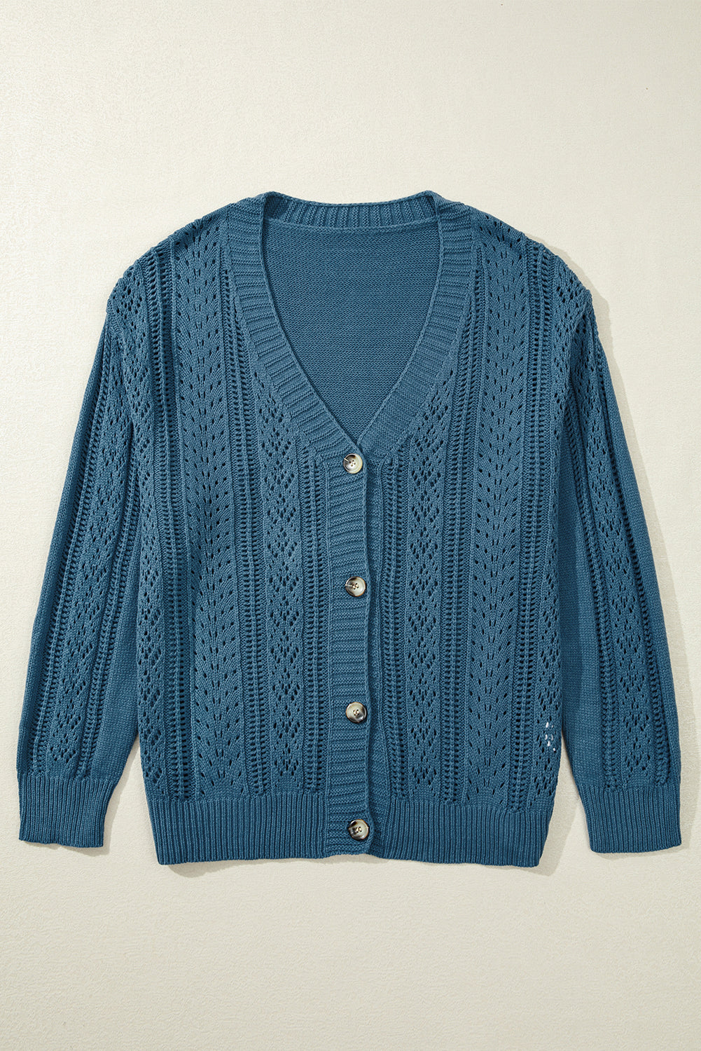 Real Teal Open Knit V Neck Button Front Drop Shoulder Plus Size Cardigan