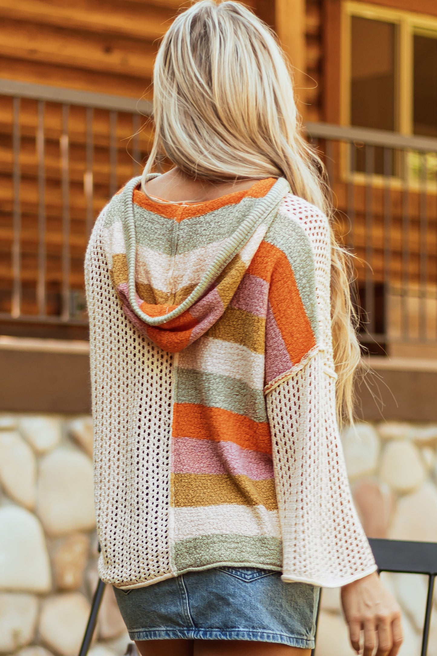 Beige Oversized Colorblock V Neck Hooded Sweater - Glimmer Road 