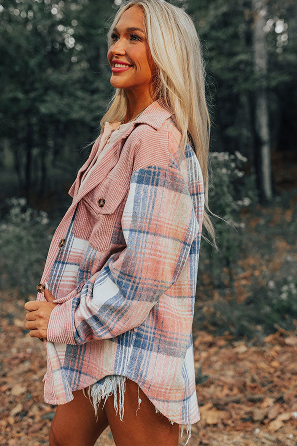 Light Pink Plaid Corduroy Patchwork Chest Pocket Shacket - Glimmer Road 