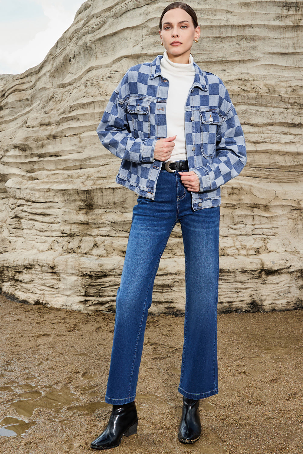 Light Blue Checkered Patchwork Button up Denim Jacket - Glimmer Road 