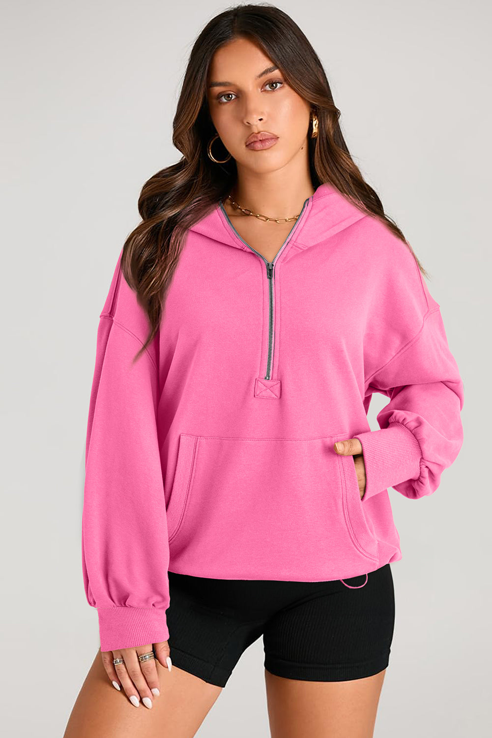 Light Grey Solid Kangaroo Pocket Half Zipper Oversized Hoodie - Glimmer Road 
