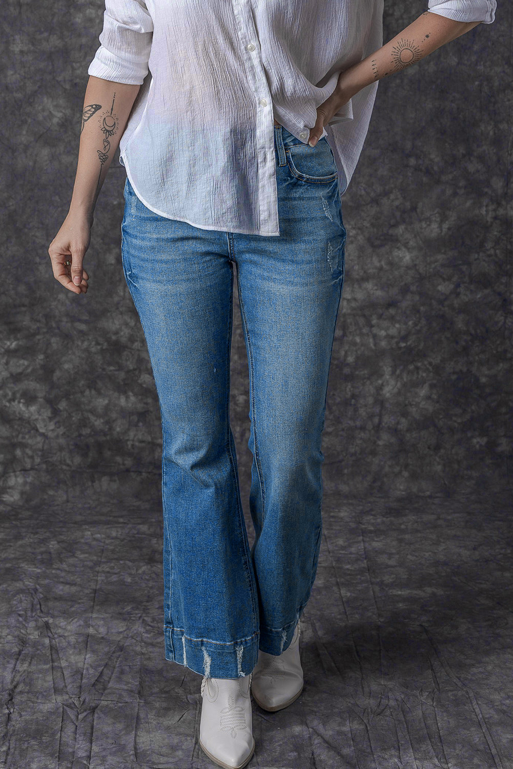 Sky Blue Slight Distressed Medium Wash Flare Jeans